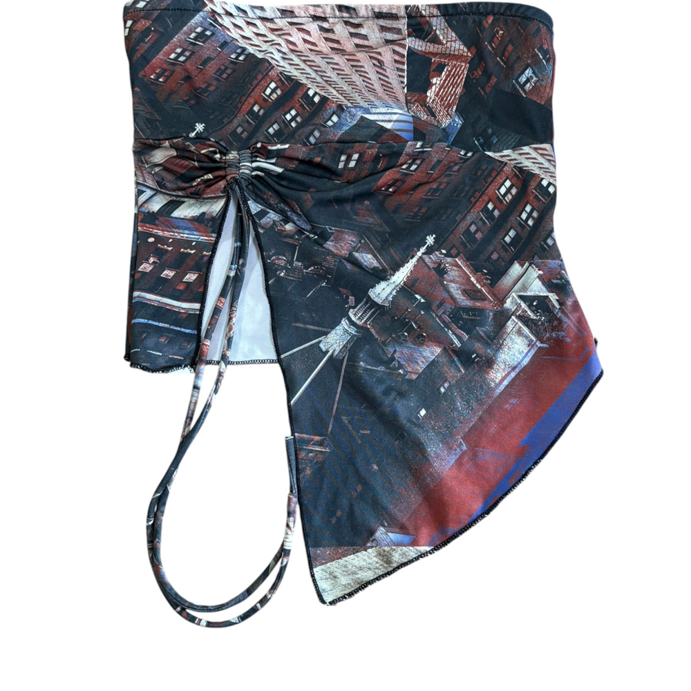 Edikted NYC Cityscape Print Strapless Asymmetrical Tie Front Top Small